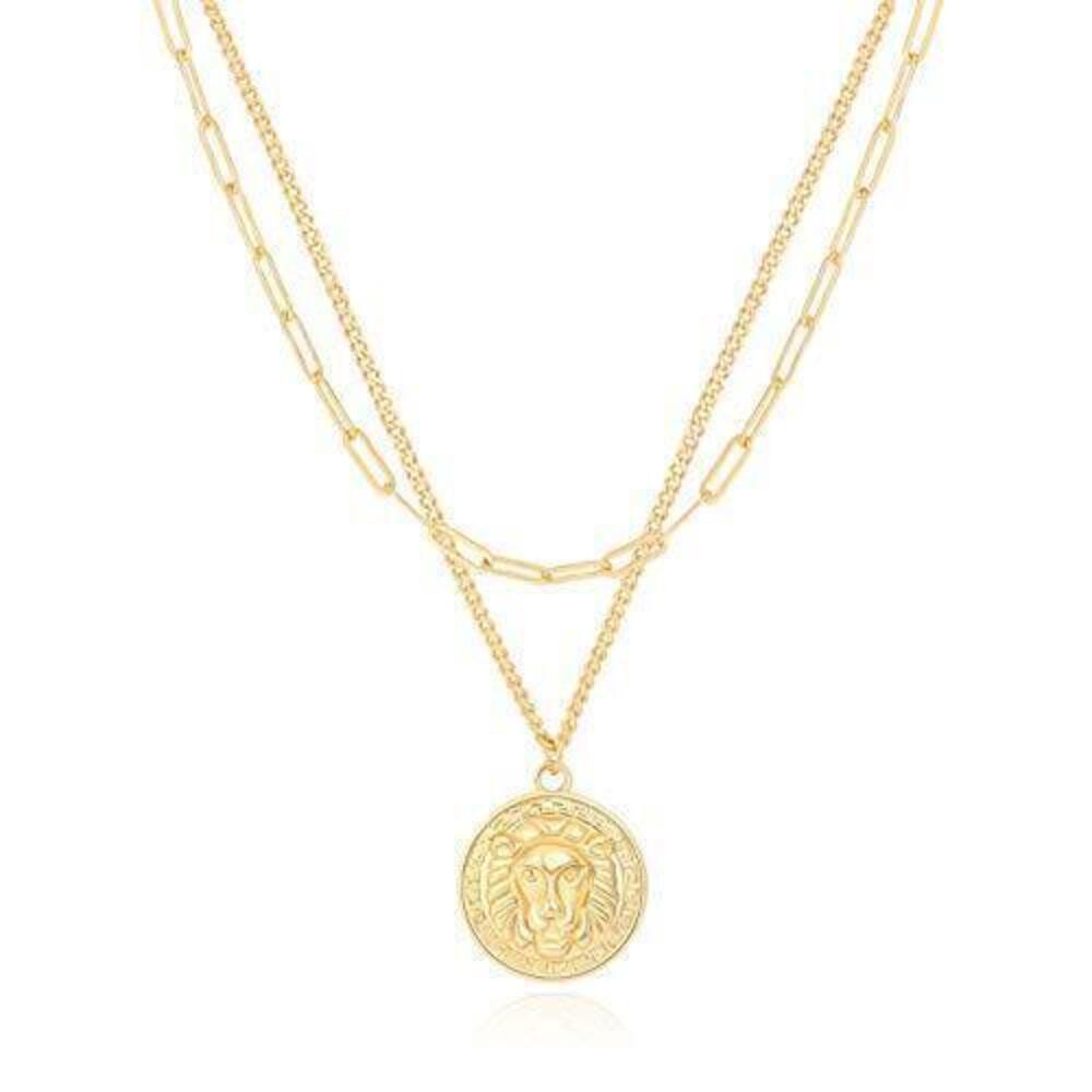 4865 18K Gold Lion Medallion Pendant Necklace 3D Lion Head Paper Clip Cuban